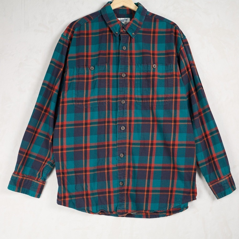 Duluth Trading Co Flannel Shirt Mens Large Relaxed Fit Plaid Teal Orange 52007‎
